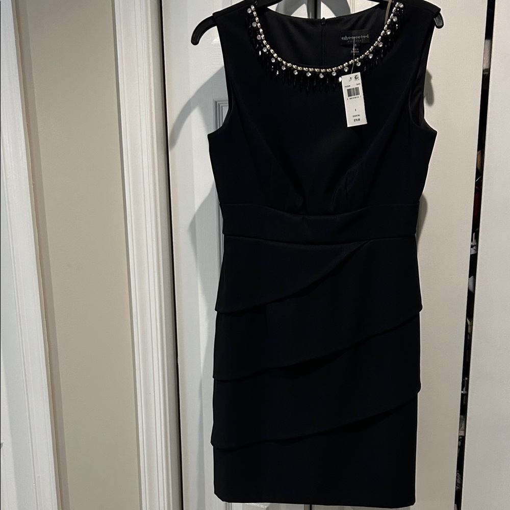Connected Apparel Black Layered Mini Dress with Pearl Accents